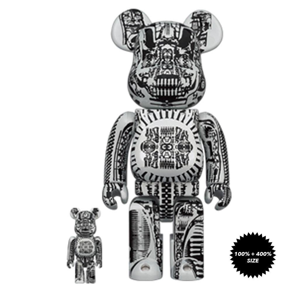 H.R. Giger White Chrome Version 100% + 400% Bearbrick Set by Medicom Toy