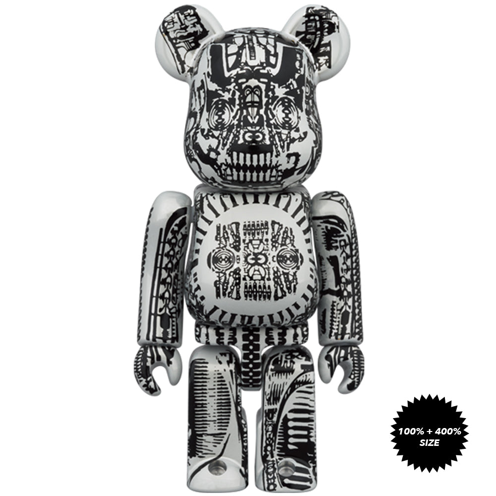 H.R. Giger White Chrome Version 100% + 400% Bearbrick Set by Medicom Toy