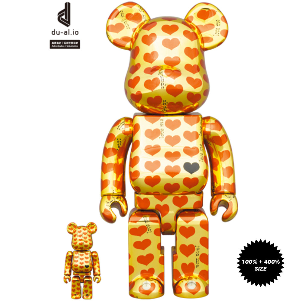 Hide Gold Heart 100% + 400% Bearbrick Set by Medicom Toy