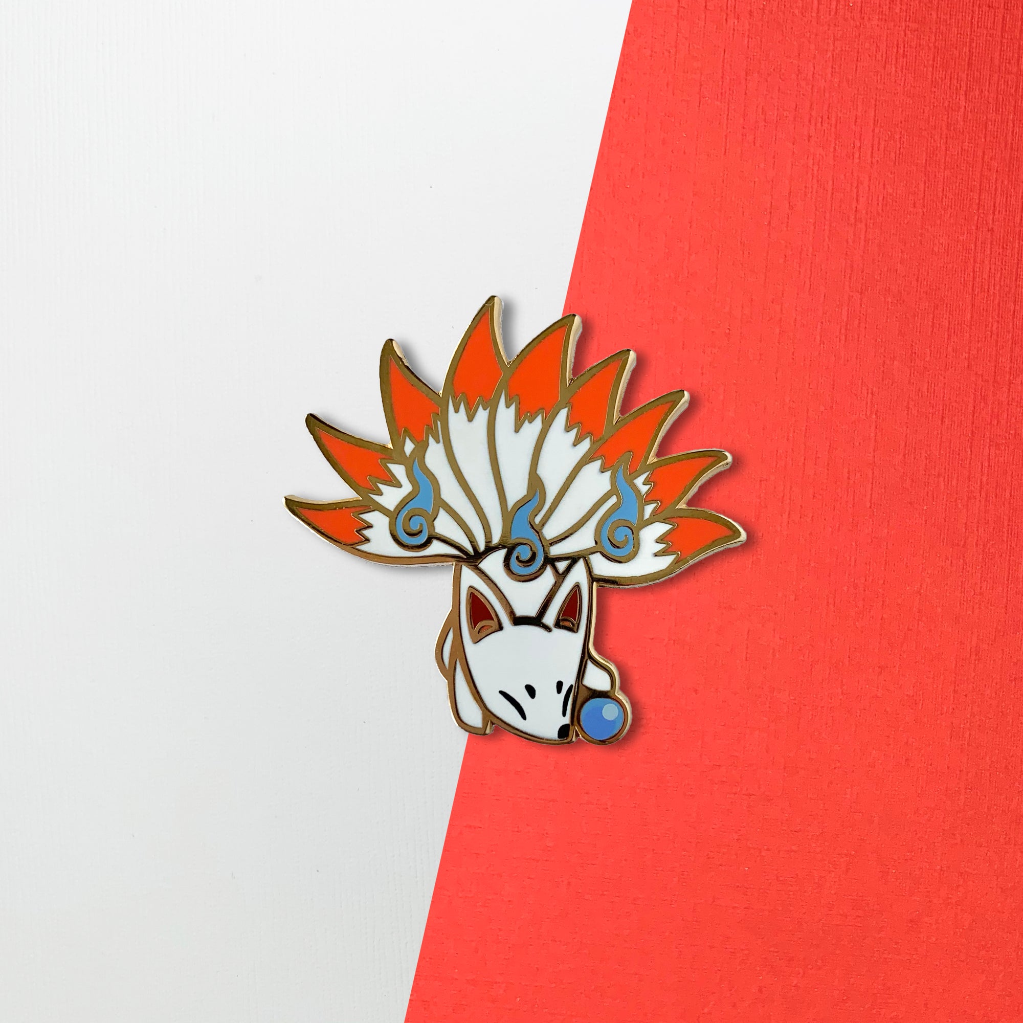 White/Red Kitsune Enamel Pin by Shumi Collective