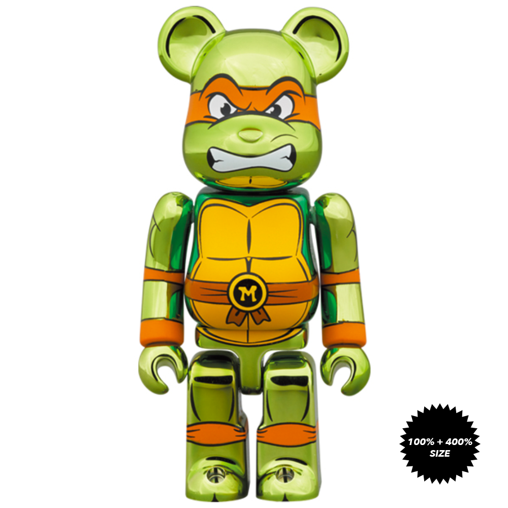 TMNT: Michelangelo (Chrome Ver.) 100% + 400% Bearbrick Set by Medicom Toy